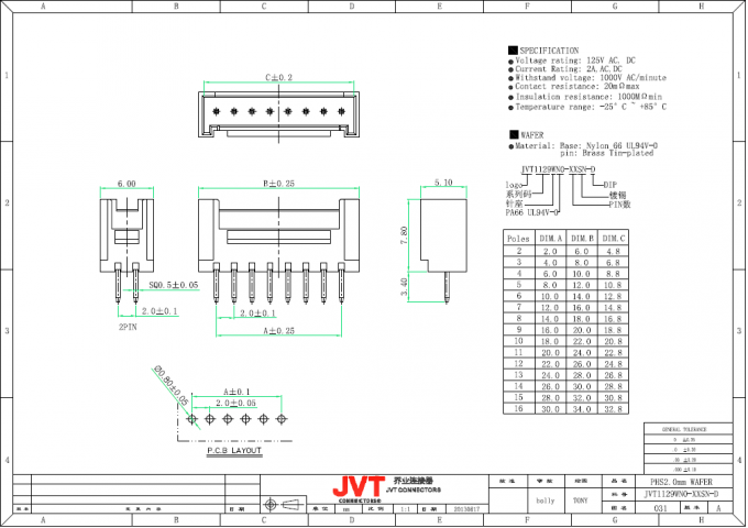 Fil simple de rangée de JVT PHS 2.0mm pour embarquer des connecteurs de style de cuir embouti avec les dispositifs de verrouillage sûrs