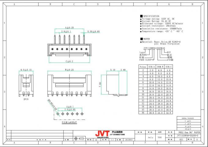 2.0mm en-tête de prise de carte PCB de 10 manières - type de SMT et type d'IMMERSION - rangée simple - à angle droit, Nylon66 UL94V-0