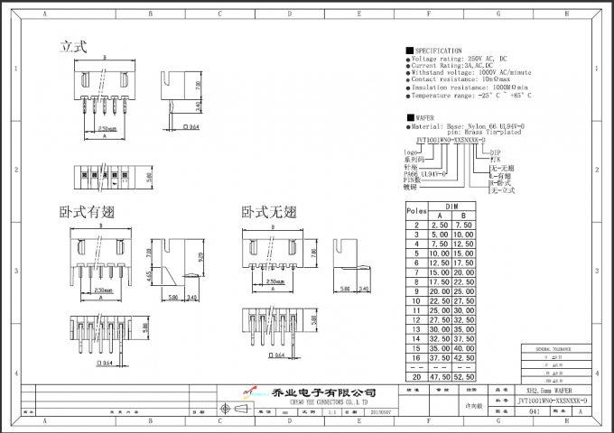 Gaufrette de lancement de JVT 2.5mm pour les prises électriques de panneau de carte PCB dans la couleur blanche avec le type d'IMMERSION