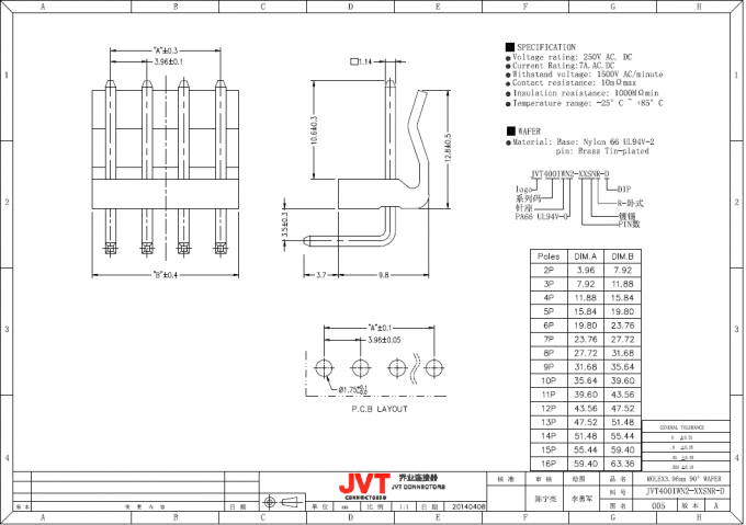 Fil de lancement de JVT 3.96mm pour embarquer le type vertical gaufrette et terminal de connecteur de carte PCB de logement