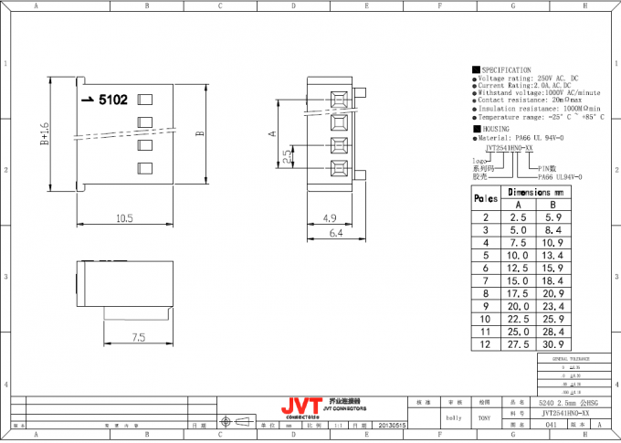Fil de lancement de JVT 2.5mm pour câbler le mâle de connecteur et le logement et le terminal de accouplement femelles