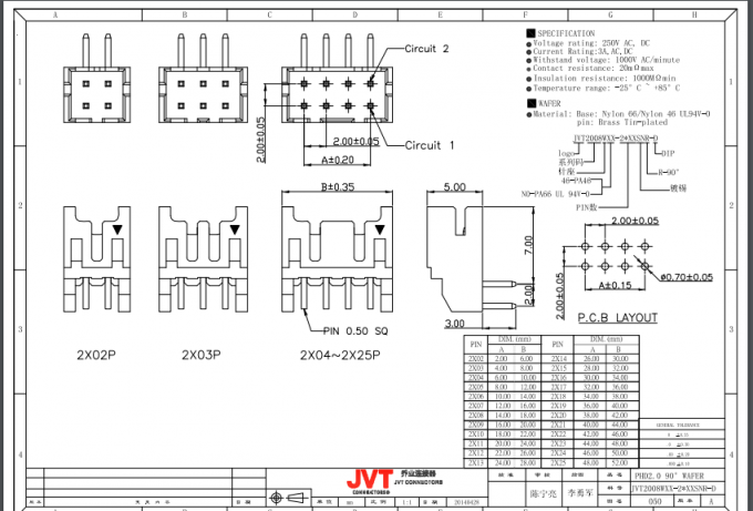 Double embarquer de fil de connecteurs de carte PCB de rangée pour/panneau pour embarquer Pin 2*2-2*25