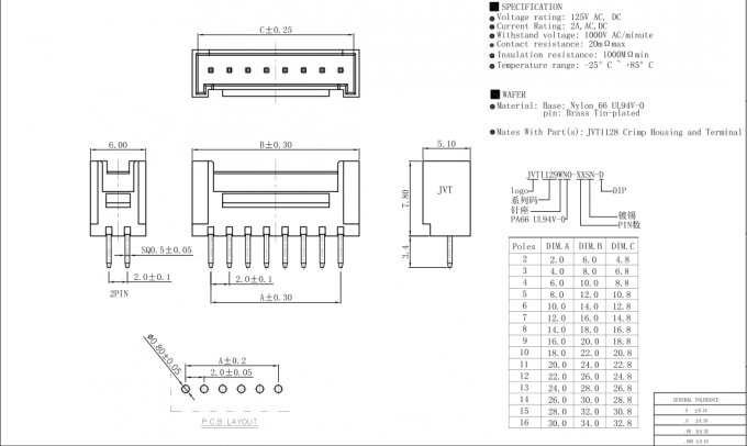 Type fil de SMT de connecteurs de carte PCB pour embarquer 2 Pin - nylon 66 UL94V-0 de 16 bornes
